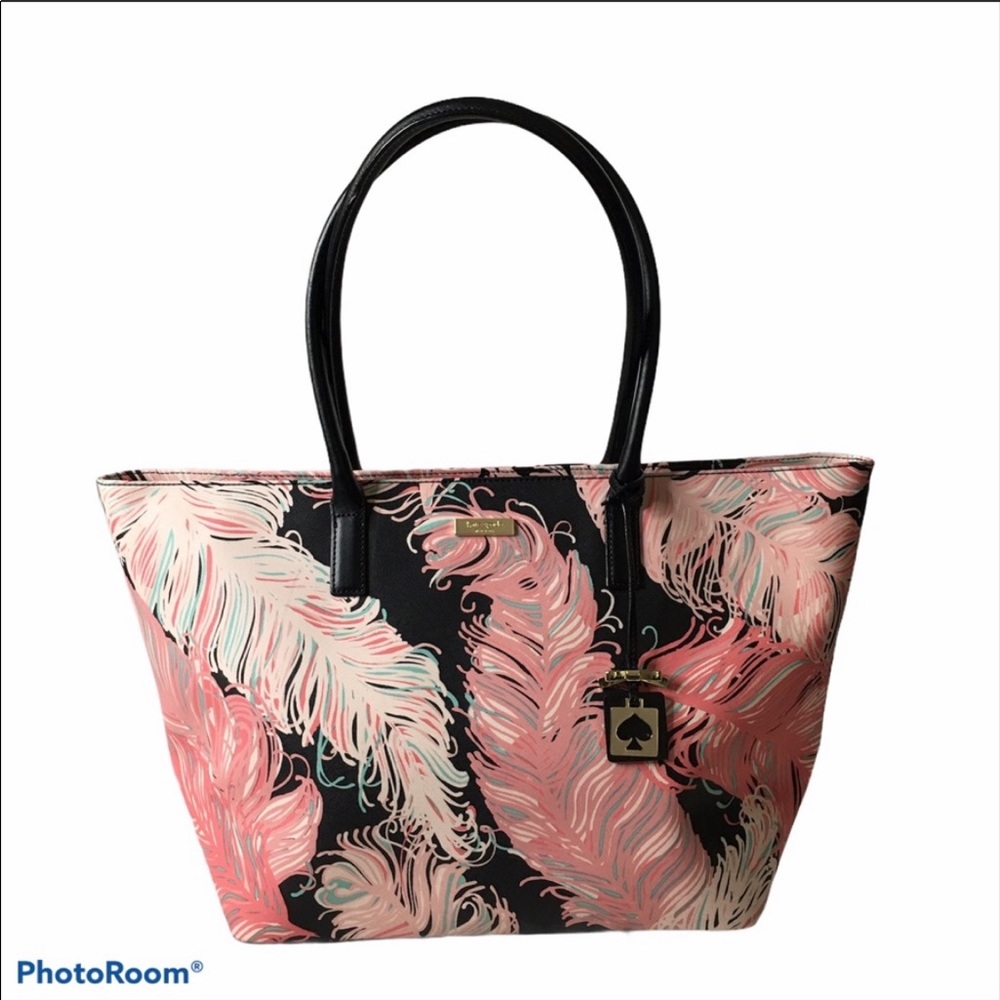 Kate Spade Pink and Black Feather Shopper Tote
